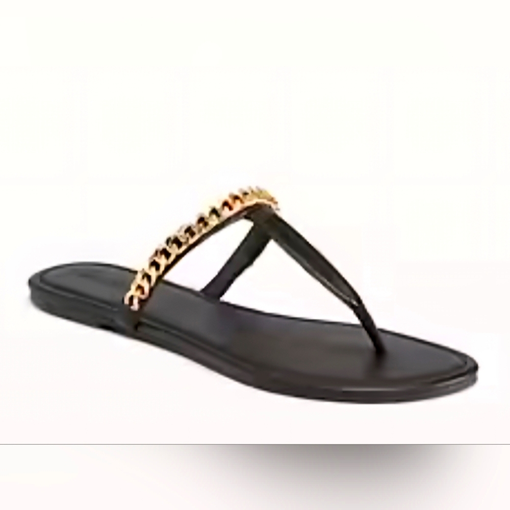 Old Navy Sandals T-Strap Women's Black W/Gold Chain Size 8 NWT